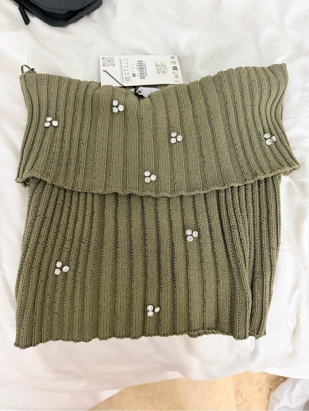 Zara Olive Green Ribbed Off-Shoulder Sweater with Crystal Accents